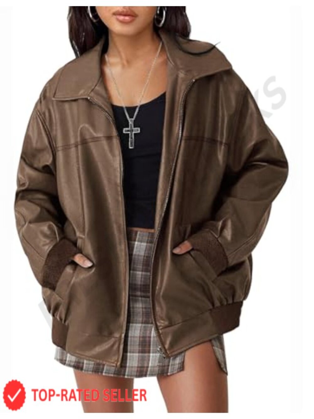 Oversized Faux Leather Bomber Jacket Zip Up Fall Coat